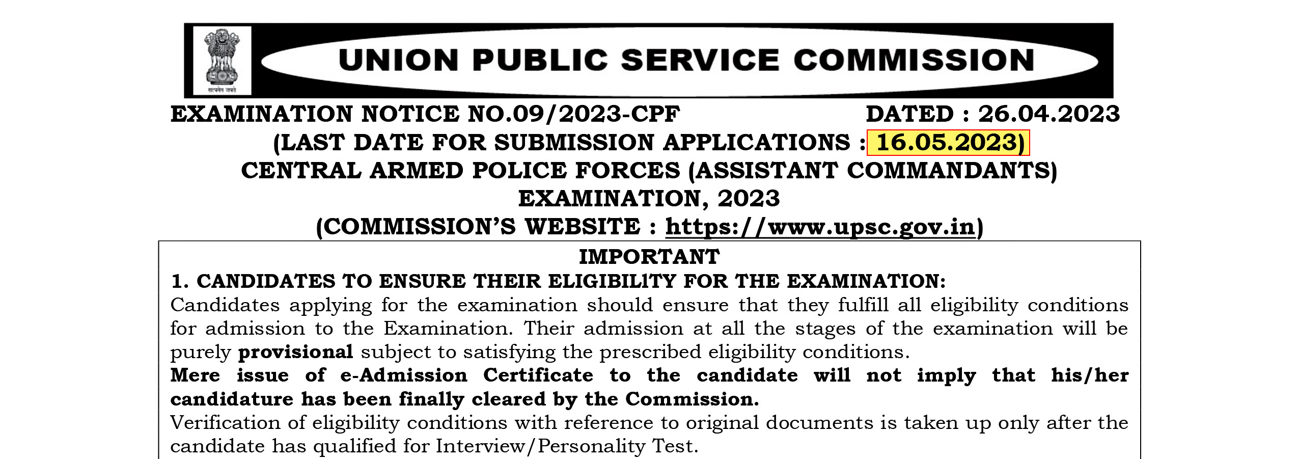 UPSC Central Armed Police Forces Recruitment 2023