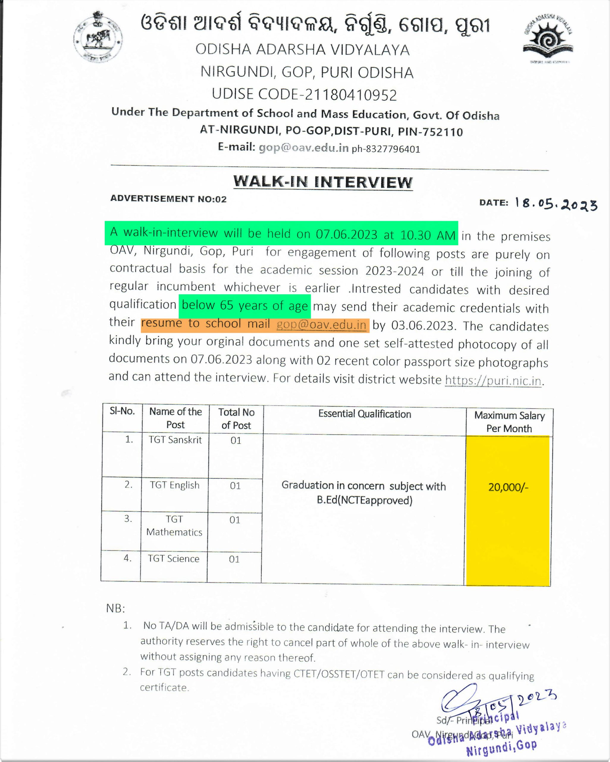 Odisha Adarsh Vidyalay Puri TGT vacancy 2023 ! Apply Today!
