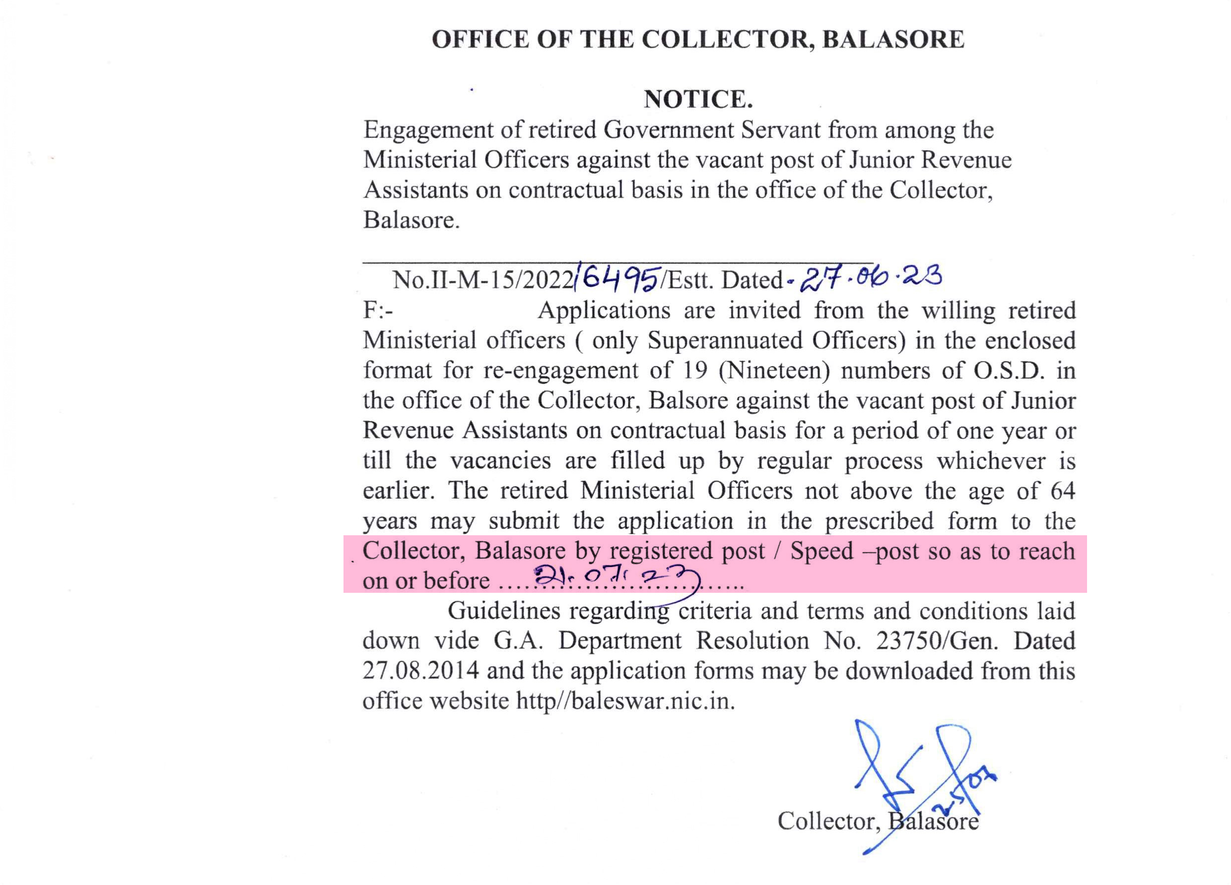 Balasore , engagement Notice for Junior Revenue Assistant !