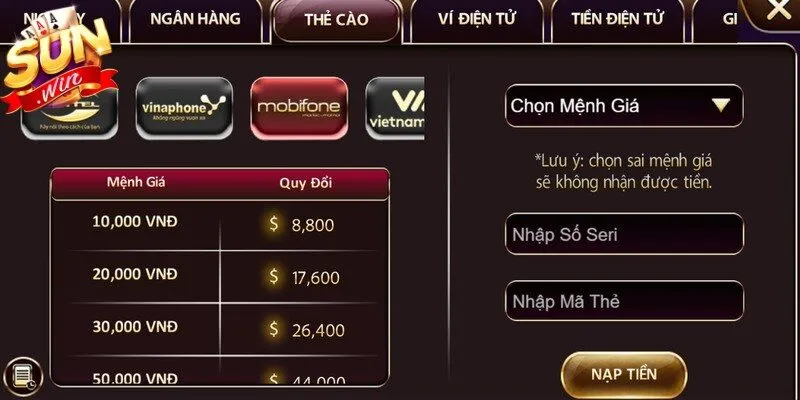 Hệ thống hỗ trợ nhiều kênh giao dịch Sunwin giúp nạp tiền thuận tiện
