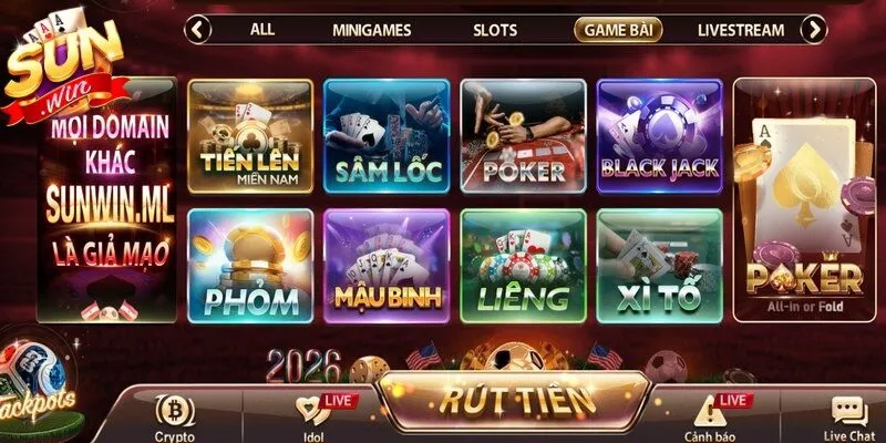 Sảnh game bài trong kho game Sunwin hội tụ đủ các thể loại hiện đại