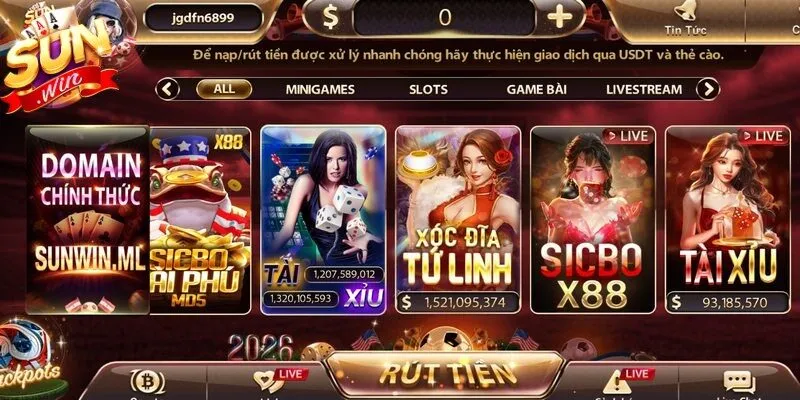 Giao diện kho game Sunwin sang trọng chuẩn phong cách sòng bài quốc tế